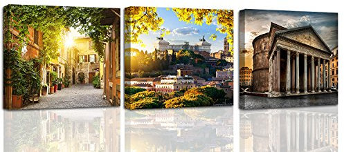 Feeby Quadro su Tela Multipannello 3 Parti Roma 150x50 cm Stampa Fotografia Decorazione da parete Immagini Moderni per Soggiorno Camera da Letto Ufficio Cucina Pantheon Architettura Marrone