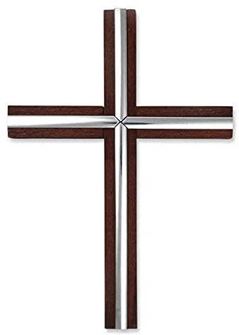 kruzifix24 Devotionalien Wandkreuz Buche braun gebeizt modern mit Silberstäben als Kreuzauflage 20 cm Schmuckkreuz Holzkreuz für die Wand Schmuckkreuz
