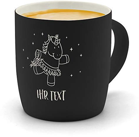 printplanet® - Kaffeebecher mit eigenem Text graviert - SoftTouch Tasse mit Wunschtext - Matt-gummierte Oberfläche - Farbe Schwarz - Motiv: Einhorn