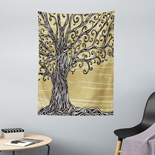 ABAKUHAUS Baum des Lebens Wandteppich, Natur Eco Sketchy aus Weiches Mikrofaser Stoff Waschbar ohne Verblassen Digitaldruck, 110 x 150 cm, Senfbraun