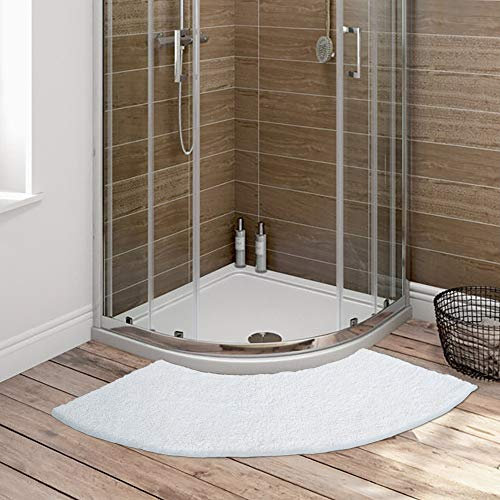 Seavish Luxury White Shag Curved Bath Rug, 18 x 57 inch Non Slip Microfiber Soft Absorbent Fanned Shower Mats Washable Bathroom Rug Corner Bath Tub Floor Carpet for Quadrant Shower Stall
