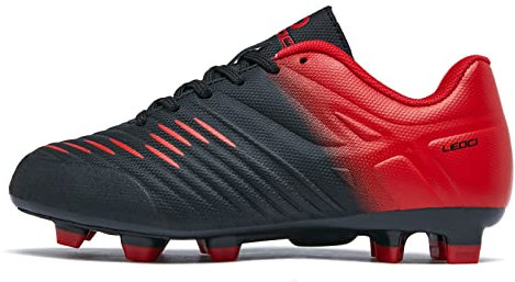 LEOCI Fußballschuhe for Jungen Mädchen Kinder Little Kids Firm Ground Sportliche Football Boots,Schwarz Rot,29 EU