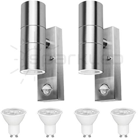 sparkLED Twin Pack Up Down Wall Light with PIR Sensor Free Professional Help | Including Light Bulbs | Silver (Lamp Colour: Warm White)