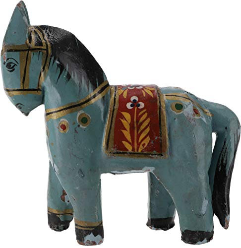 GURU SHOP Deko Pferd, im Antik- Look Bemalt, Holzpferdchen - Blau, Mangoholz, 10x12x4 cm, Tierfiguren