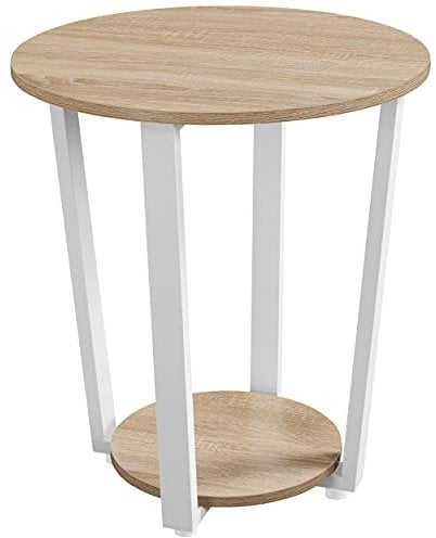 Yaheetech Tavolino da caffè Rotondo Industriale Vintage Tavolino tè Basso Laterale da Soggiorno in Metallo Comodino da Letto a 2 Ripiani Mobiletto da Divano 57 cm Legno Quercia Chiaro
