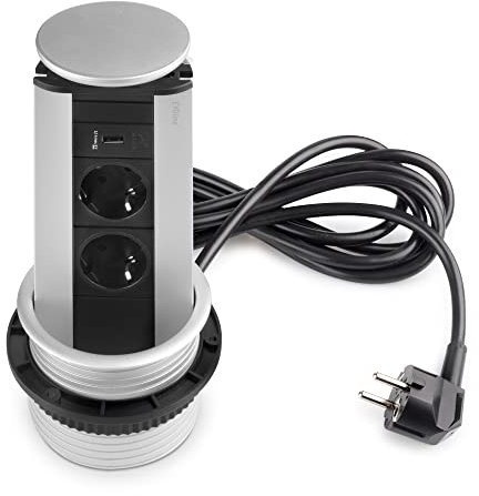 Emuca - Multiconector con USB para empotrar en Muebles de Oficina y hogar, 2 enchufes Schuko EU y 1 Puerto USB, Anodizado Mate, Plástico y Aluminio