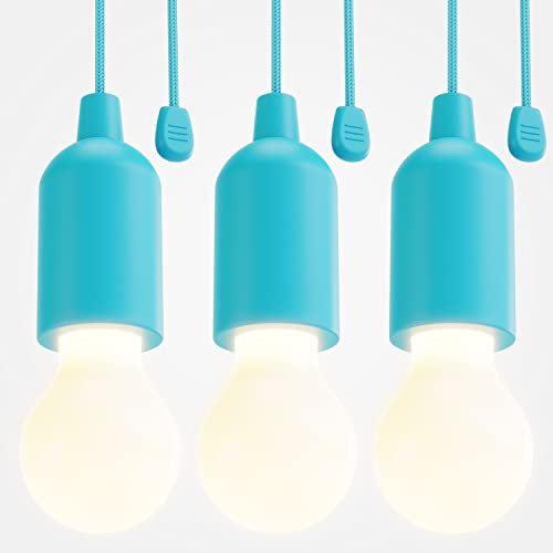 greate LED Lampe batteriebetrieben blau - 3x Pull Light 1W mit Zugschalter inkl Batterien - kabellose Leuchte warmweiß - mobiles Licht ideal für Garten Zelt Camping Kleiderschrank Party Dekoration