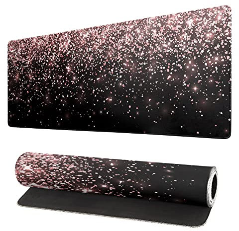 Gaming-Mauspad, Roségold, glitzernd, schwarz, erweitertes großes Mauspad, Schreibtischunterlage, XL-Mauspad, 3 mm dick, lang, rutschfeste Gummiunterseite, 80 x 20 cm