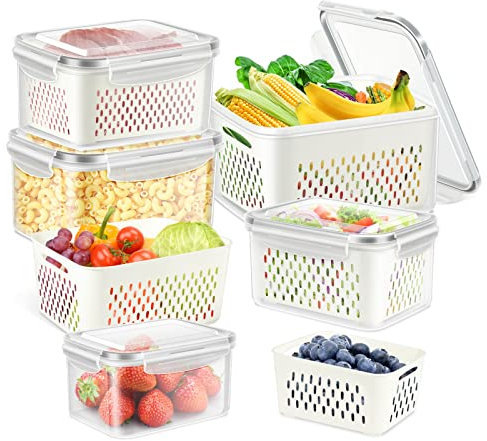 ODOMU 5 PCS Fridge Food Storage Container with Colander, Plastic Fresh Produce Saver Keeper for Vegetable Fruit Berry Salad Lettuce Meat Fish, BPA Free Kitchen Refrigerator Organizer Bins (6.2L-0.8L)