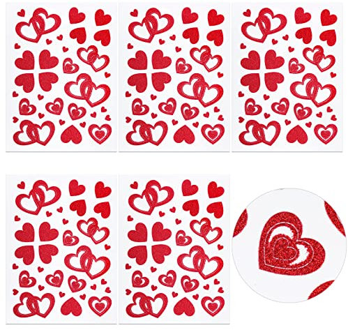 COLOFALLA 5 Blatt Herzen Aufkleber Glitzer Herzen Sticker Rot DIY Basteln für Valentinstag Muttertag Hochzeit Geschenke Scrapbooking Selbstklebend