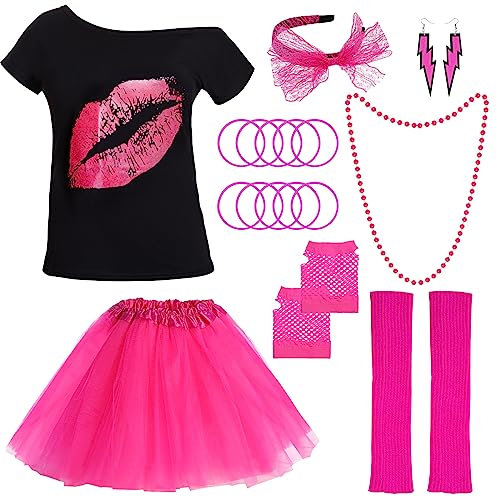 80er Jahre Damen Kostüm Zubehör Set T-Shirt Tutu Stirnband Ohrringe Netz Handschuhe Beinstulpen Halsketten Perlen Armband Netzhandschuhe für Damen 80er Party (Rose Rot, L)