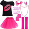 80er Jahre Damen Kostüm Zubehör Set T-Shirt Tutu Stirnband Ohrringe Netz Handschuhe Beinstulpen Halsketten Perlen Armband Netzhandschuhe für Damen 80er Party (Rose Rot, L)