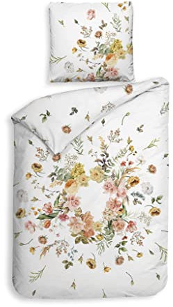 Heckett & Lane Mako-Satin Bettwäsche 135x200 Tuva White Blütenkranz Koralle