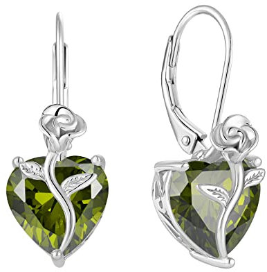 FJ Herz Ohrringe Damen Peridot August Geburtsstein 925 Sterling Silber Hängend Rose Blume Schmuck Geschenke für Frauen Mutter Freundin Mama