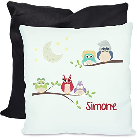 CreaDesign, Kinder Kissen 40x40 cm personalisiert mit Namen, Kinderzimmer Deko Kissen Kinder mit Füllung Federn, Motiv Eulen, Rückenfarbe Schwarz