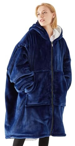 Pahajim Hoodie Damen Reißverschluss Decke mit ärmeln Hoodie Sweatshirt Wearable Blanket Weicher und Warmer Oversized Hoodie für Drinnen, Draußen, Camping Hoodie Decke Lang(Dunkelblau)