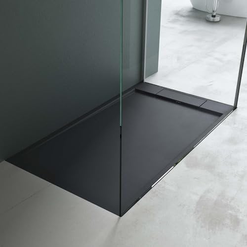 Mai & Mai Bac à Douche Receveur de Douche Gris-Noir en Résine Marbre Artificielle 90x140x4cm Géo4 et Bonde Compris