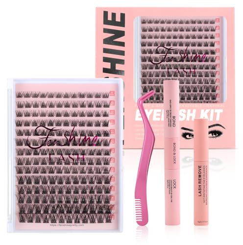 Cluster Lashes Einzelwimpern, breiter Stiel, D-Curl, DIY einzelne, weiche falsche Wimpern für den persönlichen Gebrauch zu Hause,Wimpernverlängerungs-Set (W-7 Kit with Remover, 9-16mm)