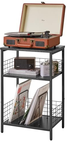 YMYNY 3 Tier End Table, Record Player Stand with Storage, Industrial Tall Side Table, Small Bookshelf, Bookcase, Display Rack, Telephone Table for Living Room Bedroom 40×29×62.5CM,Black HST009B