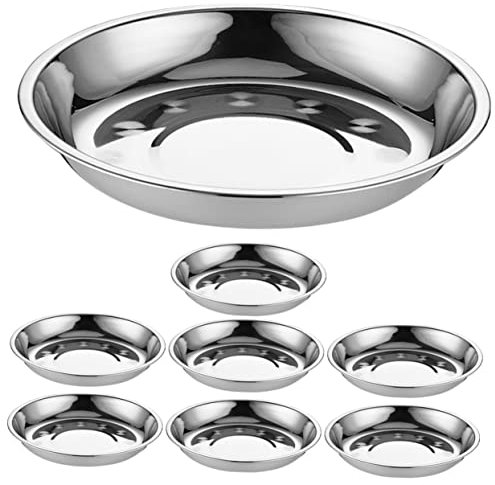 GOOHOCHY 8pcs Stainless Steel Round Plates Food Serving Trays Barbecue Dinner Platter Snacks Dish Easy to Clean for Parties Camping Gatherings