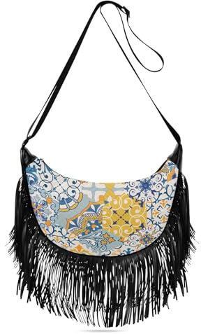 FRODOTGV Kleine Schultertaschen für Damen, Quasten-Detail, mittelgroße Crossbody-Tasche für Damen, trendy, Damen-Umhängetasche, bunt, Majolica Gaudi, Buntes Majolica Gaudi, 1 Size