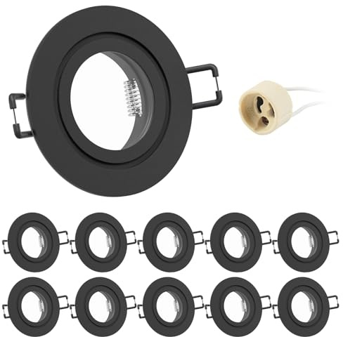 Doughelec 10er Einbaustrahler GU10 IP44 Aluminium Schwarz Einbaurahmen | Badezimmer Rahmen 68mm Lochdurchmesser| Rund Flach Spot Einbauspots inkl GU10 Fassung| 230V für Wasserdicht Einbauleuchten