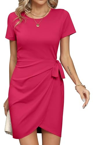 Missufe Robe portefeuille pour femme - Mini robe d'été - Robe décontractée - T-shirt moulant - Manches courtes - Robe plissée, Rose, XL