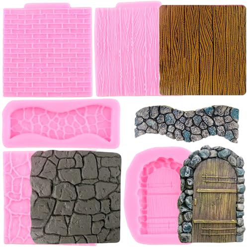 RFGHAC Brick Wall Texture Design Silicone Mould Stone Path Door Fondant Moulds Wood Grain Tree Bark Silicone Mould for Cake Decorating Cupcake Topper Candy Polymer Clay Chocolate Gum Paste Set of 5
