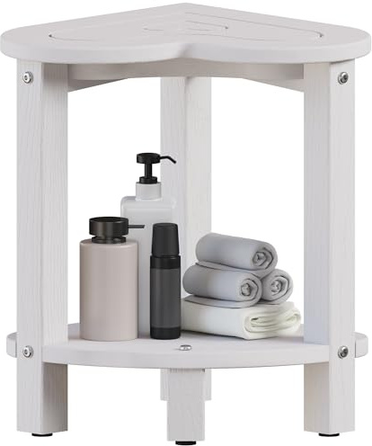 UHA Corner Shower Stool for Shaving Legs， HDPE Waterproof Bathroom Shower Bench, Poly Lumber Corner Seat with Storage Shelf, Adjustable Height Non-Slip Feet, Easy Installation/No Maintenance (White)