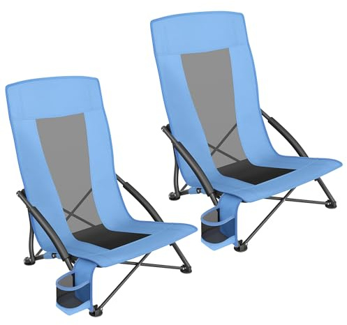 SONGMICS Set of 2 Portable Beach Chairs for Adults, Max. Load 330 lb Each, High Backrest, Cup Holder, Lightweight, Heavy-Duty, Light Blue UGCB067Q01V1