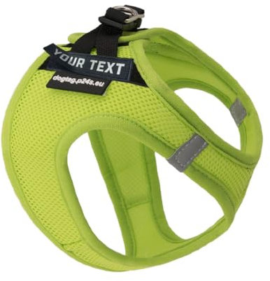P24S SMART Step-In Brustgeschirr mit 1 Paar austauschbare personalisierte Namensaufkleber Klettsticker Wunschtext für kleine Hunderassen mit Online Hundefinder Dienst (Neongrün, S (Brust 46-57 cm))