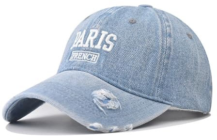 Klassische Vintage Washed Baseball Cap Paris bestickt Unisex Baseballkappe Outdoor Hut Trucker Hat, Hell, blau, L