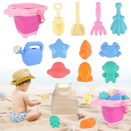 Euakee Sandspielzeug für Kinder, 12 Stück Sandspielzeug mit Pony Faltbarer Eimer, Sanspielzeugset, Sandspielzeug Strand, Sandkasten Spielzeug für Kinder 3 4 5 6 7 Jahre (Rosa)