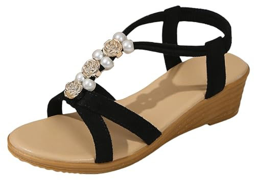 cushion walk sandles Womens Sandals Wide Fit Comfortable Slip on Wedge Shoes Casual Open Toe Orthopedic Slide Lightweight Summer Cushion Plantar Fasciitis clearance deal sale Black 6
