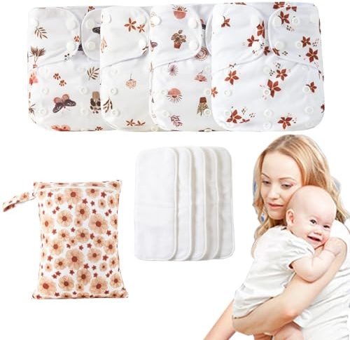 Stoffbaby Windeln - wiederverwendbare verstellbare umweltfreundliche Windeln | 4x absorbierende Bambusauskleidungen mit wasserdichtem Abdeckung, 4 Einsätze und Nassbeutel - für Neugeborene und Kleinki