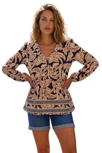 Roman Originals Paisley Print Tunic Top for Women UK - Ladies Everyday Autumn Winter V-Neckline Comfy Soft Evening Vacation Work Party Night Out - Black - Size 18