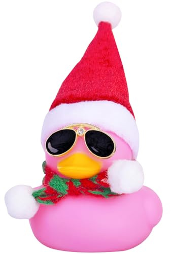 Mwmoeen Weihnachten Gummiente Autodekoration, Gelbe Quietscheente Duck | Armaturenbrett Ornamente，Ein Weihnachtshut Schal Sonnenbrille tragenfür Weihnachtsdekoration Wohndekorationen für Erwachsene