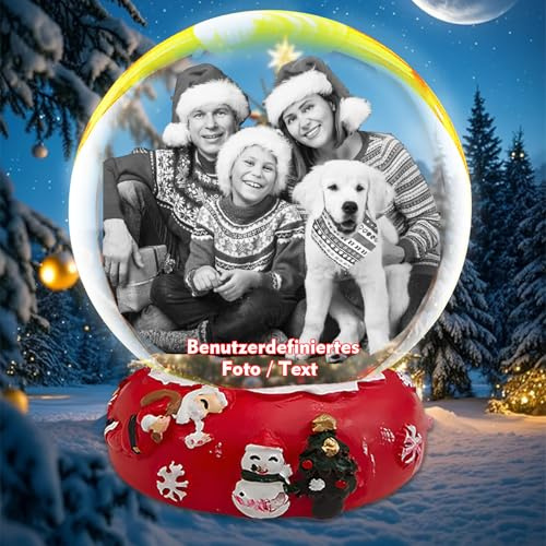 Personalisierte Weihnachten Schneekugel mit Fotos Anpassbar Foto Text Glaskugel Schöne Basis Weihnachtsschmuck 2025 Geschenke an Familie Freunde Paare Klassenkameraden (Weihnachtssockel 2)