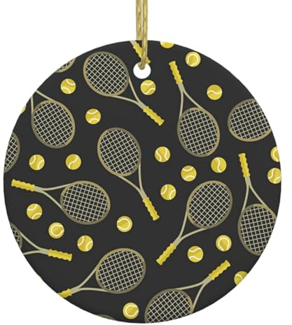 Funny Tennis Racquets And Tennis Balls Print Christmas Tree Ceramic Hanging Ornaments,Round Ceramic Decorations