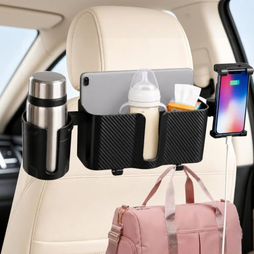 Picabika Car Back Seat Storage Box with Tablet & Phone Holder, Adjustable Headrest Mount, 2 Cup Holders, Travel Caddy with Hook for 5-13 Inch Tablets, Fits Most Cars & SUVs