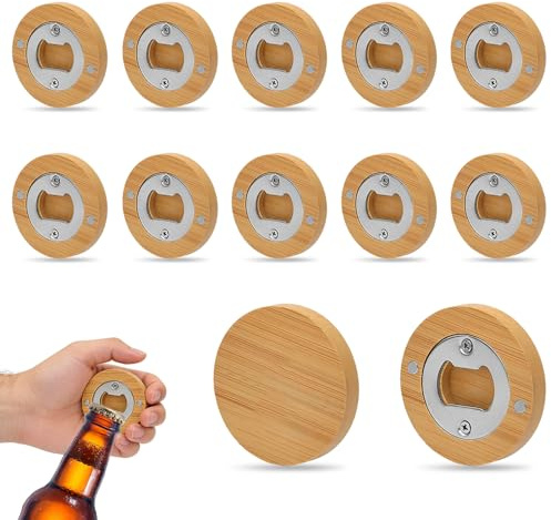 Weciau Flaschenöffner Holz, 12 Stück Rund Bieröffner mit Magnet, Edelstahl Flaschenöffner Magnetisch, Robust und Langlebig, Geeignet für Familie, Restaurants, Hochzeiten und Partys