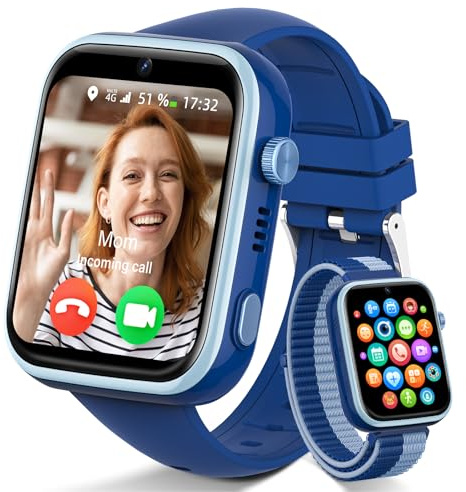 4G Reloj Inteligente Niño, Smartwatch Niños con GPS y Llamadas, Videollamadas, Chat de Voz, SMS, WhatsApp, SIM, SOS, Modo Escuela, WiFi, Localizador, Podómetro IP68 Reloj Niño y Niñas Azul Regalo