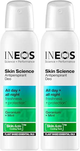 INEOS Skin Science - Unbeatable Protection Against Odour + Sweat. All Day + All Night. Aerosol Antiperspirant Deodorant Geranium + Mint - Plant Based Essential Oils 200ml (Pack of 2)
