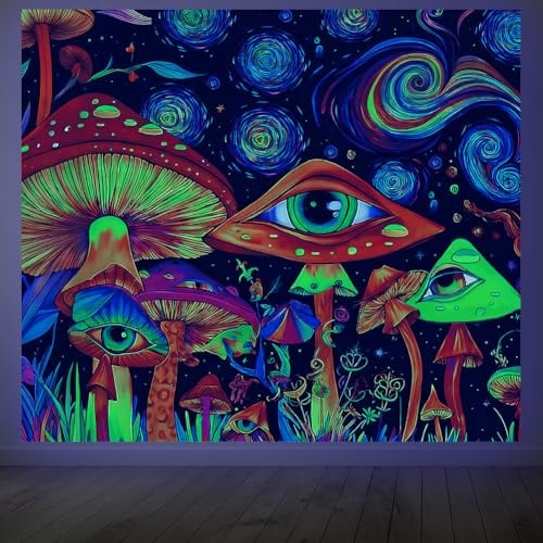 CRAFTYMELODY Neon Pilzauge Wandteppich (Schwarzlicht) Allsehendes Auge Leuchtet Im Dunkeln UV Reaktiver Psychedelischer Wald Wandbehang 5951 x (5) cm ((1) x (2) Zoll) Mit Haken