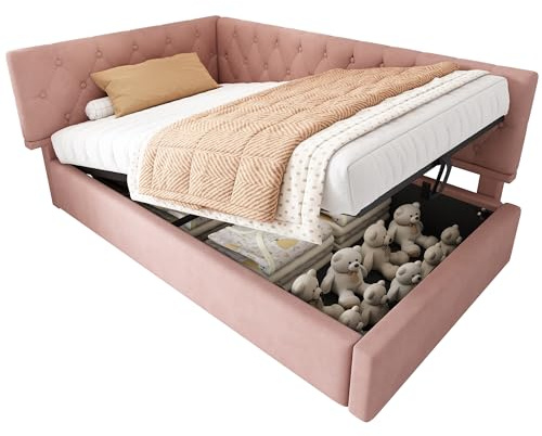 dowowdo Tagesbett 90x200cm mit hydraulischem Stauraum & ausziehbarer Funktion, Polsterbett & Schlafsofa in Pink, Jugendbett mit weichem Samtbezug inkl. Massivholz-Lattenrost