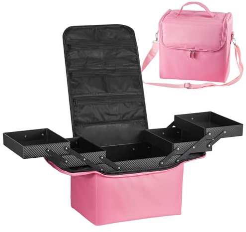 Makeup Box Large Beauty Manicure Storage Box Travel Vanity Case Pink | Train Cosmetic Box with Nylon Fabric Shoulder Strap Black 29x21x27cm