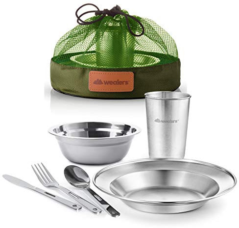 Einzigartiges komplettes Messware-Set, poliertes Edelstahl, Geschirr, Geschirr, Camping, inkl. Tassen, Teller, Schüsseln, Besteck, in Netzbeuteln (Einzelperson, grün)