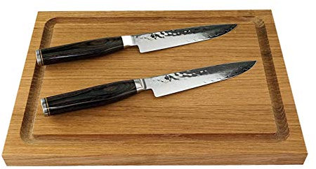 Kai Shun Premier Tim Mälzer TDMS-400 Lot de 2 couteaux à steak en acier Damas ultra tranchant avec planche à découper en chêne 30 x 22 cm