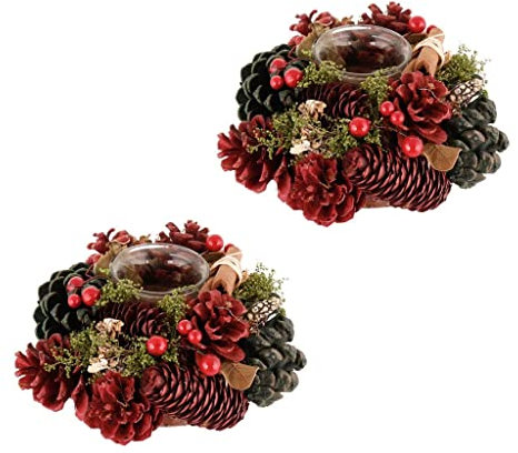 Tea Light Candle Holder Set of 2 Pine Cone & Cinnamon Glass Tealight Votive Candle Lantern Jars (BG25)