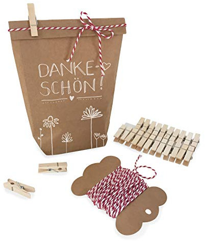 Eine der Guten Geschenktüten Set - Dankeschön, 24 gestempelte Kraftpapiertüten, Mini-Klammern & Garn, Partytüten für Gastgeschenke, Mitgebsel, Giveaways zu Hochzeit, Taufe & Kommunion, 14 x 22 cm